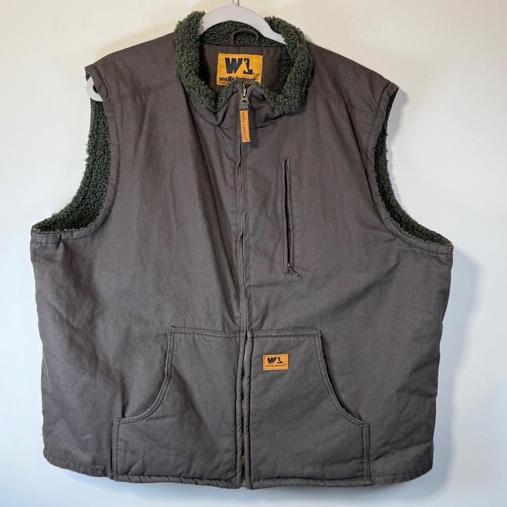 Wells Lamont Work Vest Men XXL Brown Sherpa Lined Canvas Full Zip Rugged Outdoor